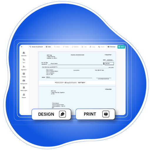 A Digital Interface for Editing Bank Checks, Featuring a Toolbar on the Left and Two Buttons Below Labeled Design and Print with Corresponding Icons
