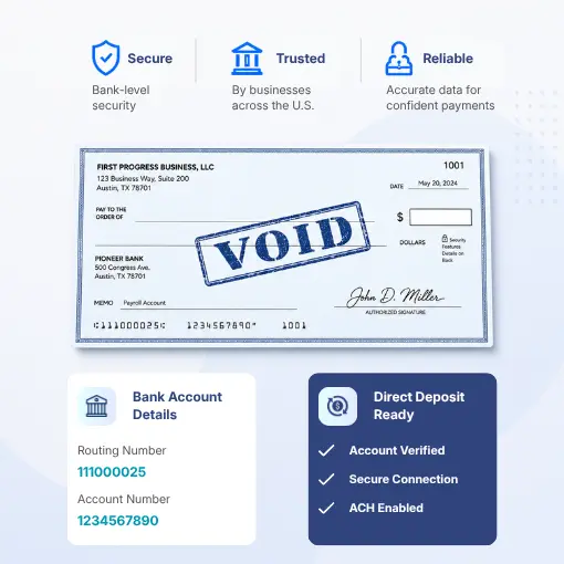 Eliminate Voided Check with Blank Stock Image of a Voided Business Check Emphasizing Secure, Trusted, and Reliable Payment Processing with Bank Details and Direct Deposit Readiness