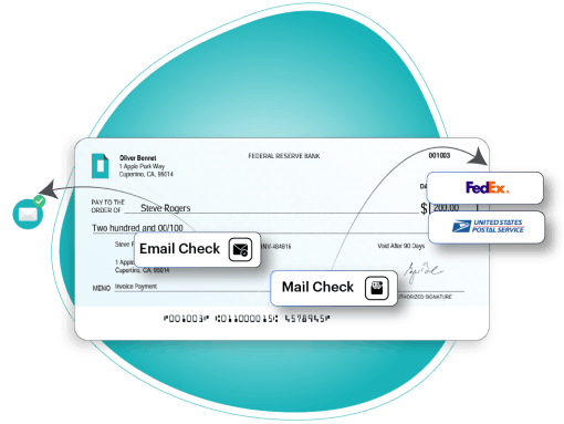 Email, Mail, or Send Instantly A Bank Check Illustration Showing Options to Email the Check or Mail It Via FedEx or the United States Postal Service on a Teal Background