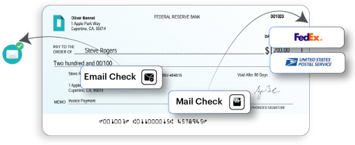 Image of a Check Issued to Steve Rogers for $200, with Labels Indicating "Email Check" and "Mail Check" Delivery Options
