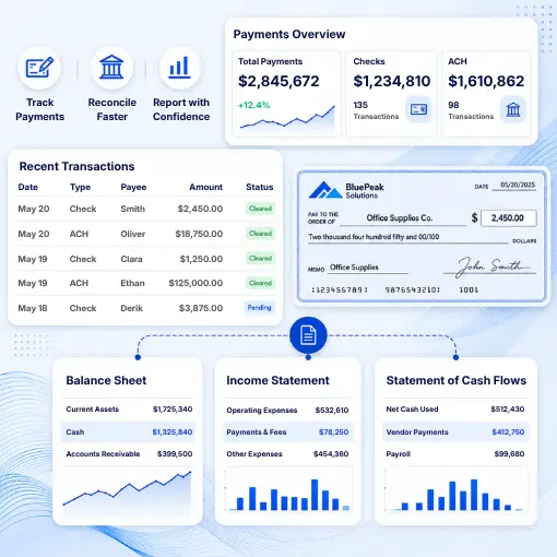 A Financial Dashboard Showing Payment Overviews, Recent Transactions, a Sample Check, and Summaries for Balance Sheets, Income, and Cash Flow Statements