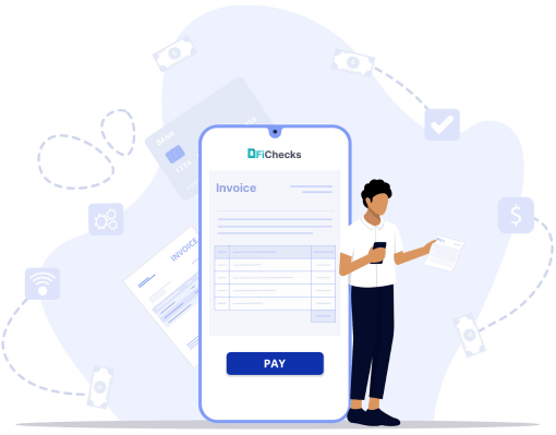 Illustration of a Person with a Phone and Invoice, Standing Next to a Large Smartphone Screen Showing an Online Payment Interface
