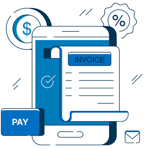 Illustration of a Mobile Phone with an Invoice, Pay Button, Dollar Symbol, Percentage Tag, and Email Icon Representing Digital Payment