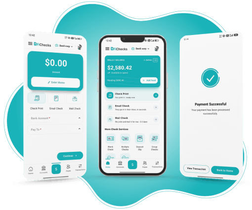 Manage Payments from Anywhere Three Smartphones Display the FiChecks Mobile App Interface, Showing a Payment Screen, a Dashboard with Account Balance, and a Success Confirmation