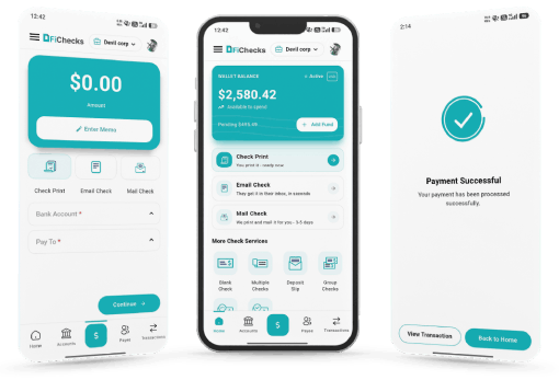 Three Mobile Screens Showing a Payment App Interface with Balance, Check Payment Options, and a Successful Payment Confirmation