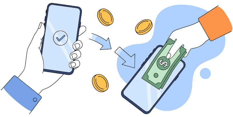 A Hand Holds a Smartphone with a Checkmark on the Screen, While Another Hand Places a Dollar Bill onto a Second Phone, Surrounded by Gold Coins
