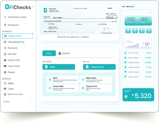 User Interface of FiChecks Platform Showing a Payment Screen with Check Details, Payment Options, Wallet Balance, and Menu Navigation