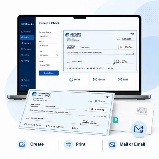 Digital Check Creation Interface on Laptop with a Printed Check, Showing Options to Create, Print, Mail, or Email the Check