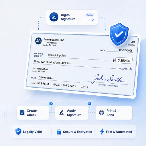 A Digital Check with a Signature, a Security Shield Icon, and Workflow Buttons for Creating, Signing, and Sending Payments in a Secure Environment