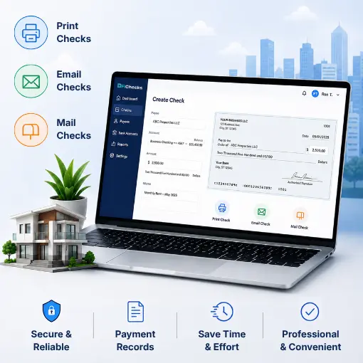 A Laptop Displays a Check Creation Interface with Icons for Printing, Emailing, and Mailing Checks, Surrounded by Text About Secure Business Payments
