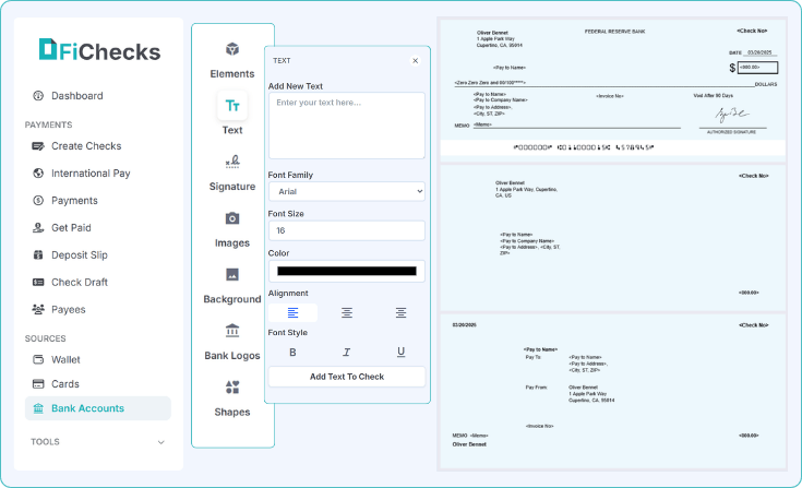 A Digital Interface for Creating Bank Checks, Featuring a Sidebar Menu, a Text Editing Panel, and a Preview Area