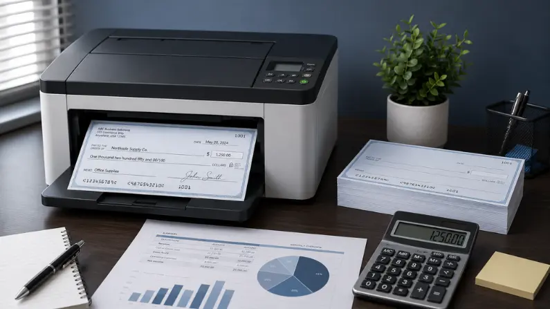 A Laser Printer on a Desk Printing a Check, Next to a Stack of Blank Checks, a Calculator, a Financial Report with a Pie Chart, and a Small Plant