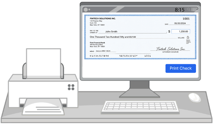 What Is On-Demand Check Printing Computer Screen Displays a Digital Check for $1,250 to John Smith, with a Printer, Keyboard, and Mouse on a Desk