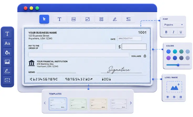 A Digital Interface for Designing Bank Checks, Featuring a Central Check Template with Customization Menus for Fonts, Colors, Logos, and Layouts