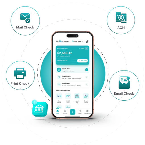 Write, Print, and Send Checks Without the Wait. Mobile App Interface Displaying Wallet Balance and Check Payment Options with Icons for Mail Check, ACH, Print Check, and Email Check