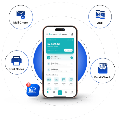 Mobile App Interface Displaying Wallet Balance and Check Payment Options with Icons for Mail Check, ACH, Print Check, and Email Check