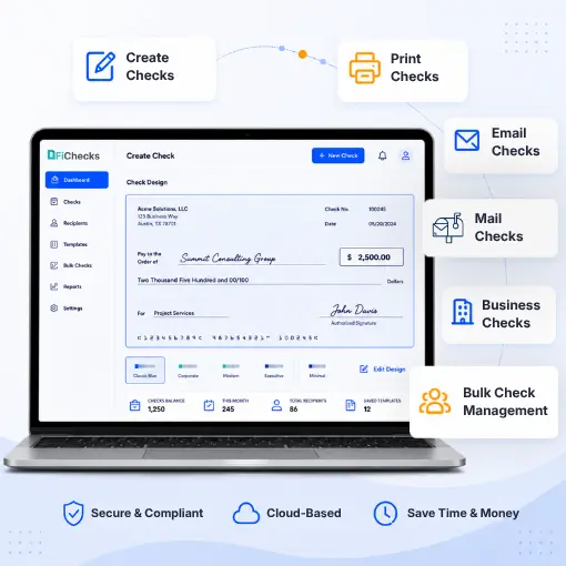 Laptop Screen Showing a Digital Check Creation and Management Platform with Options to Print, Email, Mail, and Bulk Manage Business Checks