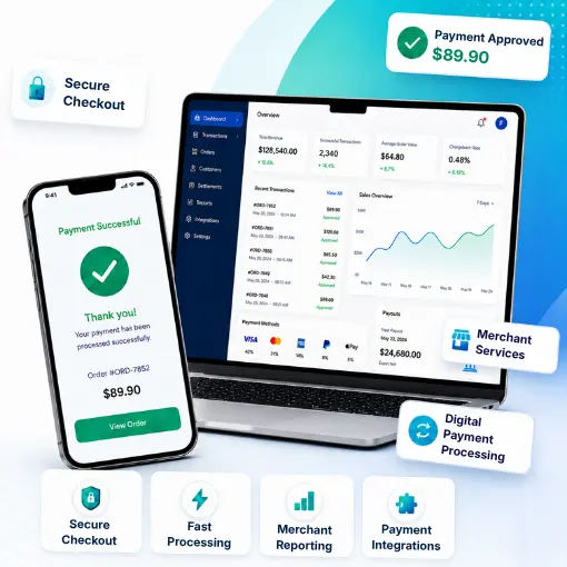 A Laptop and Smartphone Display a Financial Dashboard and Payment Success Screen, Surrounded by Floating Icons for Secure, Fast Payment Services