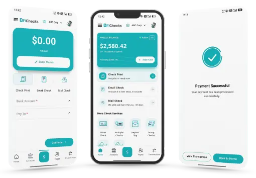 Three Mobile Screens Showing a Payment App Interface with Balance, Check Payment Options, and a Successful Payment Confirmation