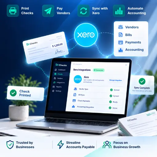 A Laptop Displays FiChecks Software Integrating with Xero, Showing Synced Vendor, Bill, and Payment Data on a Desk with a Small Potted Plant Nearby