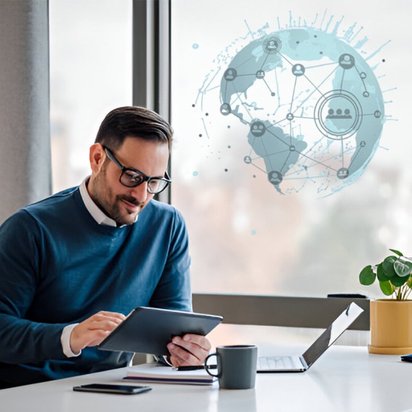 A Man In A Trench Coat Uses A Smartphone, Surrounded By Icons, Symbolizing Efficient Check Management With FiChecks