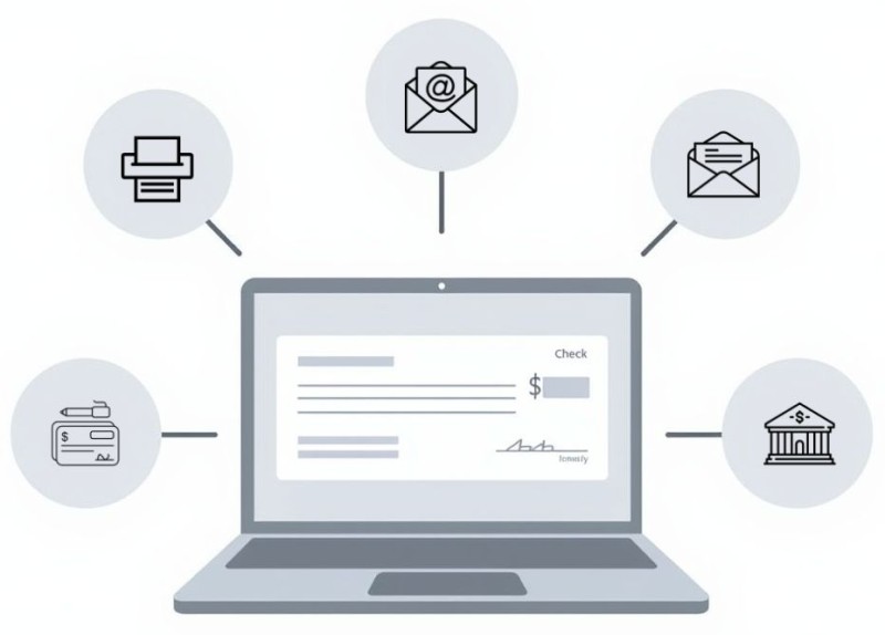 A Man In A Trench Coat Uses A Smartphone, Surrounded By Icons, Symbolizing Efficient Check Management With FiChecks