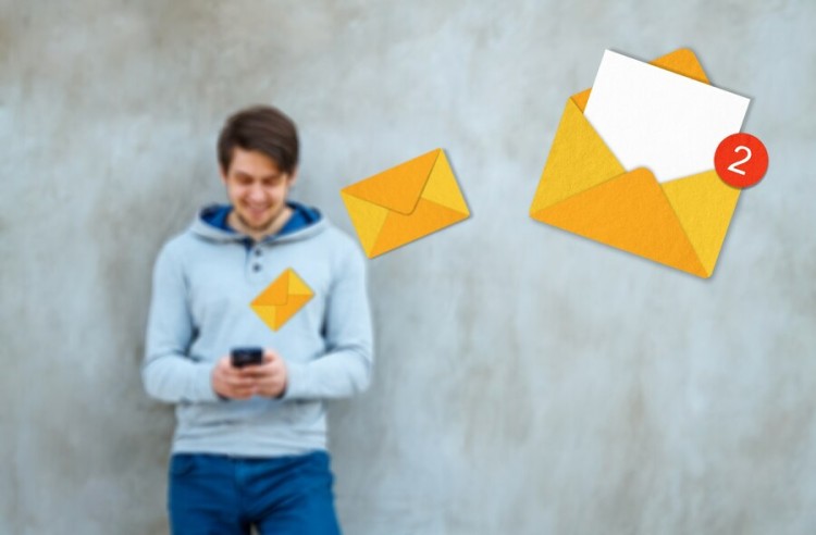 A Young Man Smiling at His Phone with Animated Envelope Icons, Indicating New Message Notifications