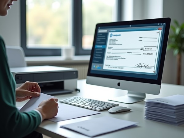 Effortless Check Printing & Mailing A Person Using a Computer with a Check Printing Interface, Preparing Physical Checks for Mailing