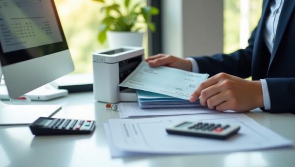 Effortless Check Writing & Printing A Business Professional Using a Check Printer in an Office, Printing a Check for Secure Payment Processing