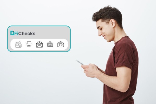 Flexible Payment Options: Checks, ACH, and More A Young Man Smiling While Using His Phone, with FiChecks Icons Representing Different Payment Methods