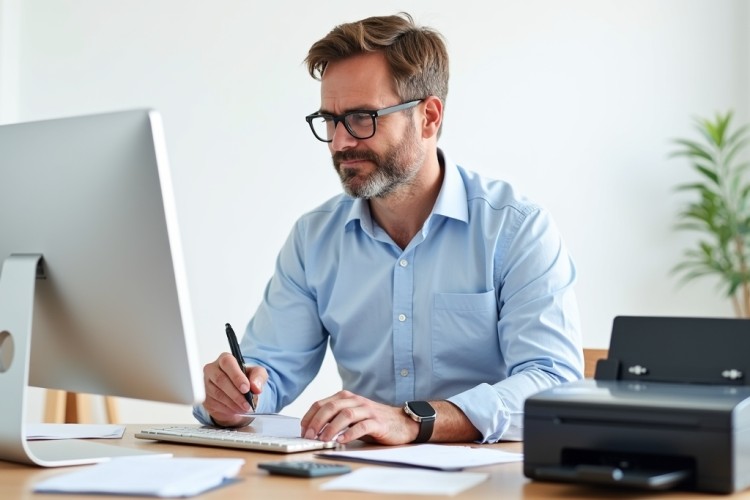 A Professional Man Working at a Computer with a Check Printer in the Background