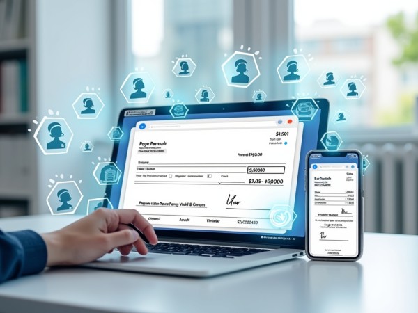 A Digital Check Processing Interface on a Laptop and Smartphone, Surrounded by User Icons, Illustrating Seamless Online Check Writing and Management