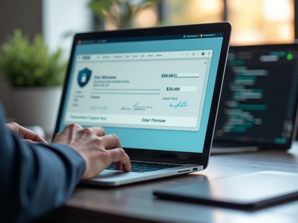 Secure Check Emailing & Mailing Services A Person Using a Laptop with a Digital Check Displayed on the Screen, Showing Secure Online Check Processing
