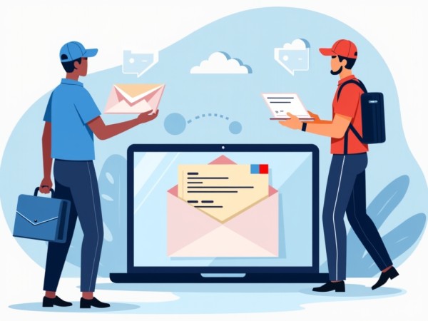Two Couriers Delivering Digital and Physical Mail, with a Laptop Displaying an Envelope, Representing Secure Check Emailing and Mailing Services