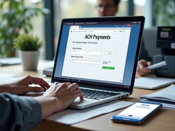 Automate Your Payments with ACH & Digital Checks A Laptop Screen Displaying an ACH Payments Interface, with a Person Typing and a Smartphone Beside It