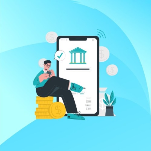 Man Relaxing on a Stack of Coins Next to a Smartphone Displaying a Bank Interface, Representing Easy Financial Management with FiChecks