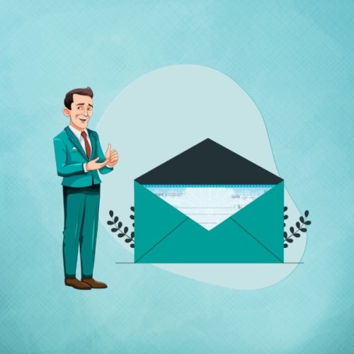 A Professional Figure in a Teal Suit Stands Beside a Large Teal Envelope, Gesturing as If Discussing Its Contents Against a Light Backdrop