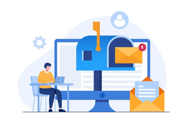 Check Mailing with Advanced Security & Tracking An Illustration of a Person Working on a Laptop with a Large Mailbox on a Screen, Representing Digital Check Mailing