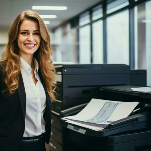 A Professional Woman in a Business Suit Stands Beside a Printer in an Office Setting, Exuding Confidence and Readiness