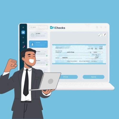 FiChecks Platform Displaying a Digital Check on a Laptop Screen, with Options to Print or Send Instantly