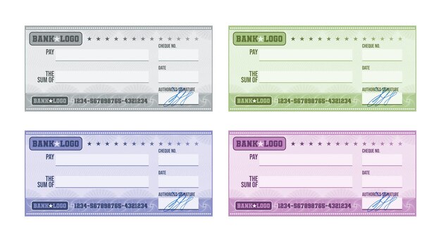 Customizable Check Designs for Every Need A Set of Four Colorful, Blank Check Templates with Customizable Fields for Bank Logo, Payee, and Amount