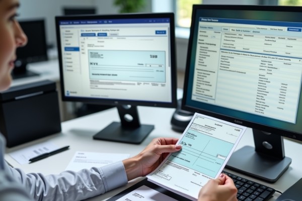 A Person Managing Check Payments on Dual Monitors While Holding a Printed Check, Illustrating Seamless Check Processing with FiChecks