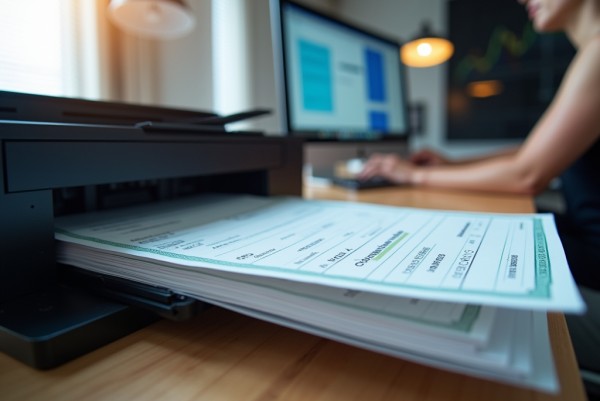 Effortless Check Printing and Delivery A Stack of Printed Checks Coming Out of a Printer, with a User Working on FiChecks Software in the Background