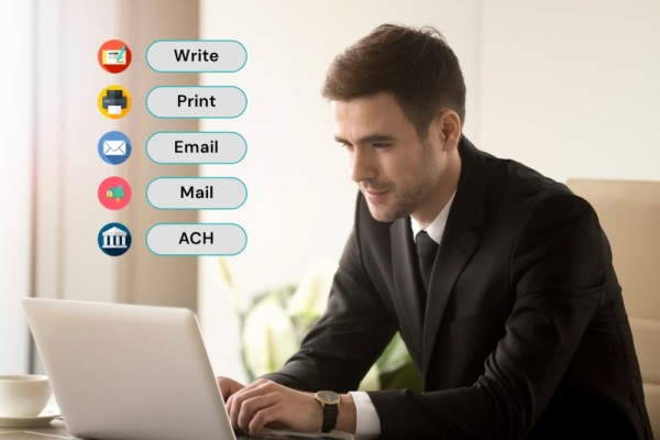 Pay Vendors Online with Flexible Payment Options A Professional Working on a Laptop with Icons Displaying Check Writing, Printing, Emailing, Mailing, and ACH Options