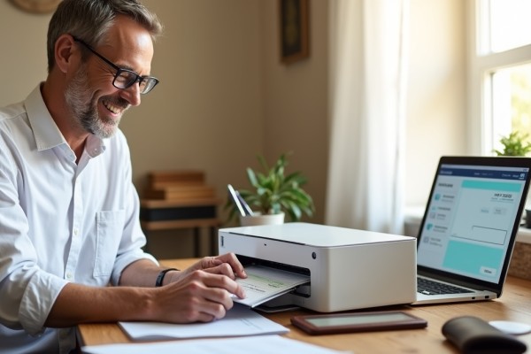 A Smiling Man Using a Check Printing Machine at Home, with a FiChecks Interface on His Laptop