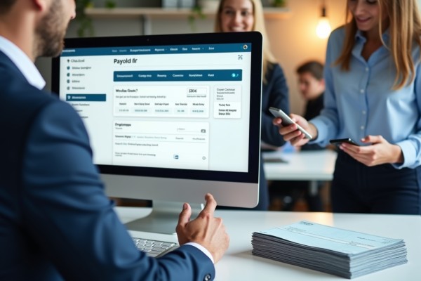A Professional Using Payroll Processing Software on a Desktop Computer, While Colleagues Interact in the Background