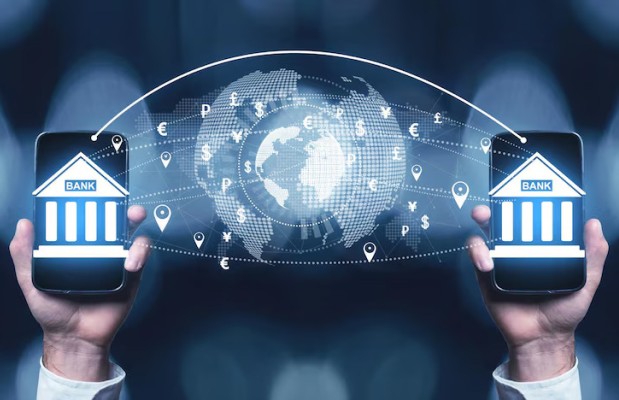 Secure ACH Payments for Faster Transactions Two Hands Holding Smartphones with Bank Icons, Illustrating Seamless Global Digital Payments
