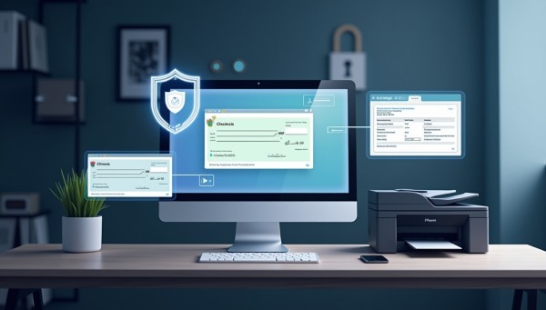 Secure, Compliant Transactions A Computer Screen Displaying FiChecks Software, Showing a Secure, Interactive Check Creation Interface with a Printer Nearby