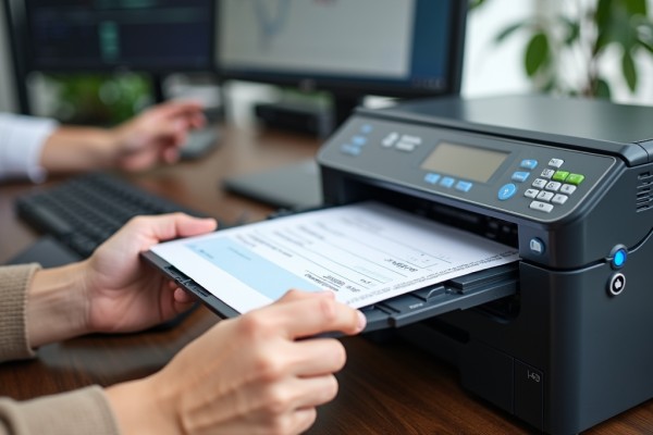 Secure, Reliable, and Cost-Effective A Close-Up of a Check Being Printed from a Modern Office Printer, Symbolizing Fast and Easy Check Printing with FiChecks
