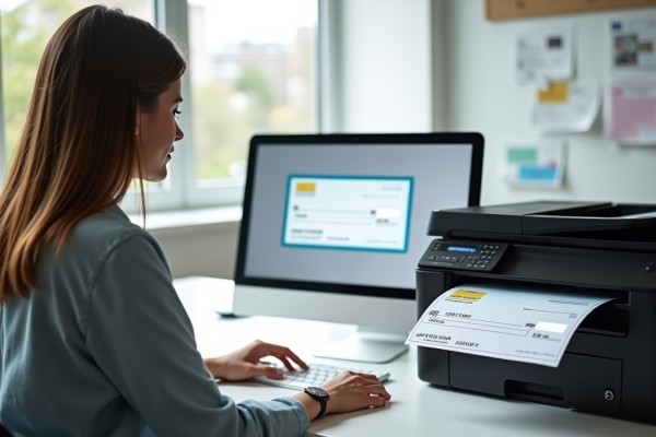 Simplified Check Writing and Printing A Professional User Printing Secure Checks from a Desktop Printer, Reflecting FiChecks' Focus on Cost-Saving and Fraud Prevention